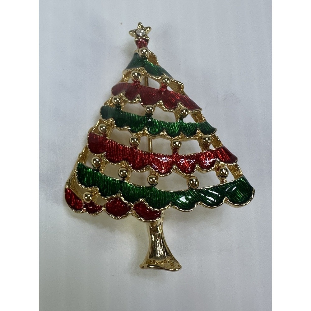 Vtg Gerrys Signed Christmas Tree Brooch Pin Red Green Enamel Gold Tone Holiday